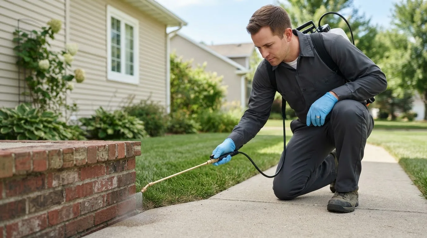 Pest control technician treating a home near Quincy, IL