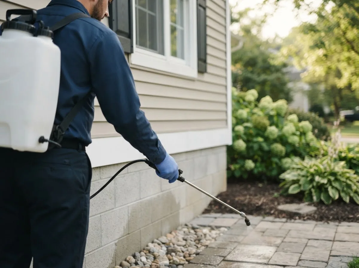 Pest control technician inspecting a home in Quincy, IL